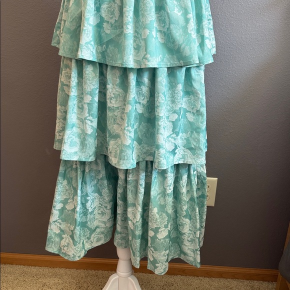 Lulus | Lovely Bliss Aqua Floral Jacquard Strapless Bustier Midi Dress Blue - Picture 4 of 10